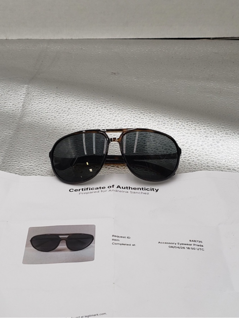 Prada Black Sunglasses Certificate Image